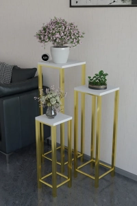Modern 3'lü Metal Ayaklı Saksılık Dekoratif Çiçeklik Çok Amaçlı Yan Sehpa